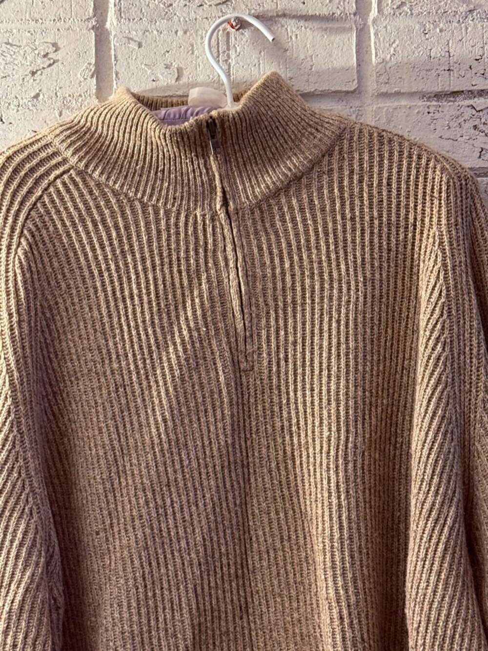 American Eagle Outfitters Mens L Wool Blend Ribbed Quarter Zip Sweater Tan